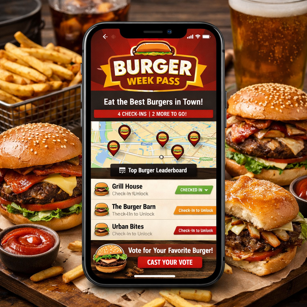 Burger Week event with multiple restaurants serving burgers, people dining and exploring local food spots