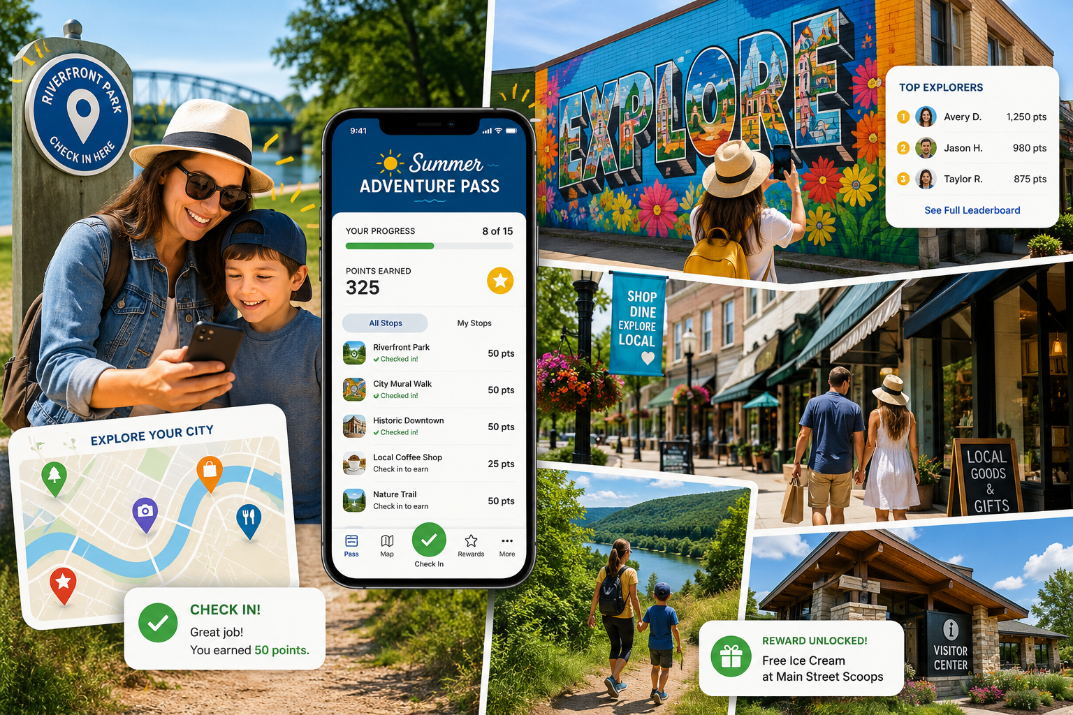 Families and visitors exploring local attractions, parks, murals, shops, and outdoor destinations using a digital summer adventure pass