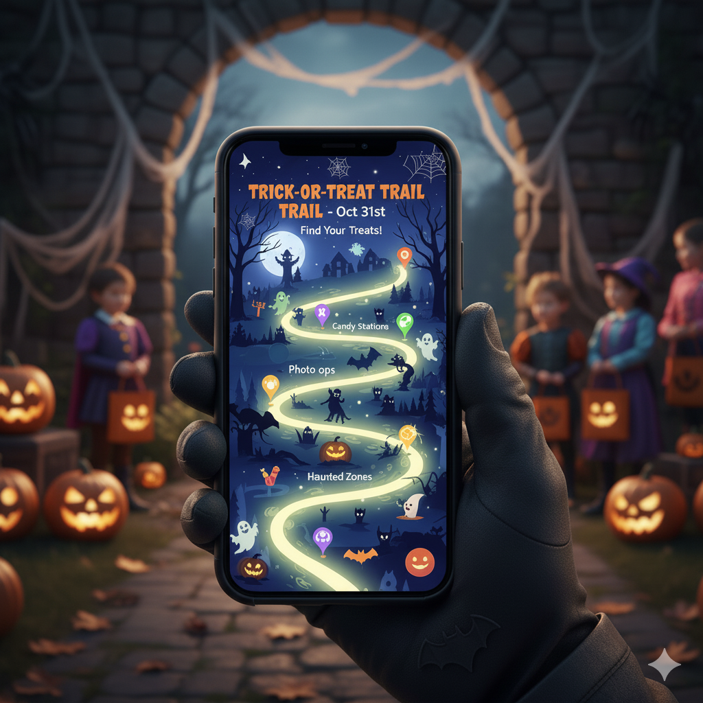 Example of a Candy Crawl pass showing participating locations and Halloween activities